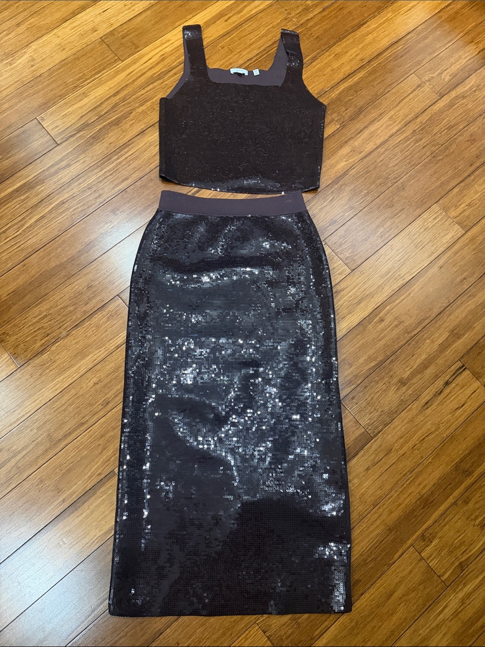 A.L.C. Victoria Brown Sequin Skirt Set with Crop Tank